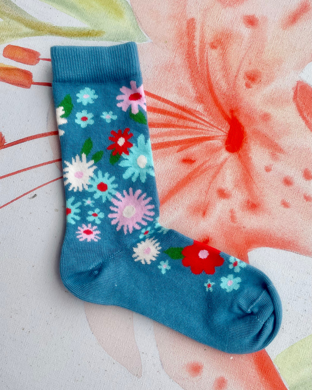 Mod Flowers Organic Crew Socks Fjord Blue